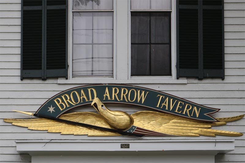 New England shutter horns on exterior shutters above the Broad Arrow Tavern.