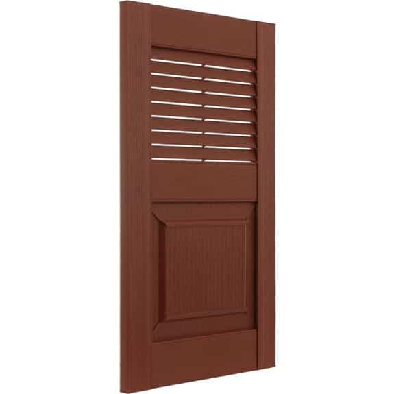 Exterior vinyl shutter with louvers and solid panel in red side view.