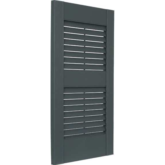 Louvered vinyl exterior shutters tilt view.