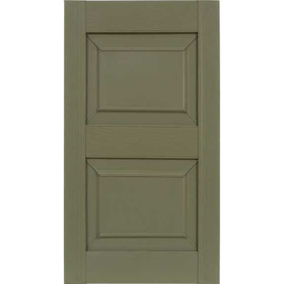 Outdoor raised panel vinyl shutters in sage green.