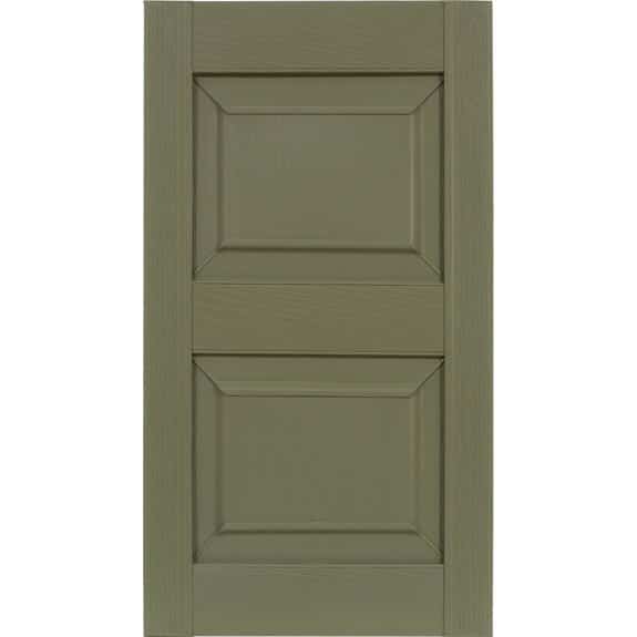 Outdoor raised panel vinyl shutters in sage green.