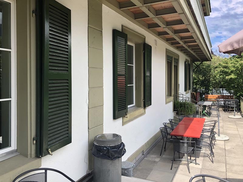 Louvered shutters on a Swiss cafe.