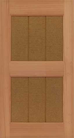 Grooved panel exterior shaker shutters in wood.