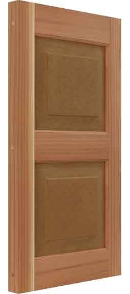 California Redwood solid raised panel outdoor wood shutter.