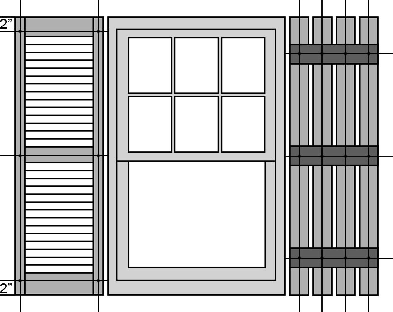 Screw or spike location to install exterior vinyl shutters.