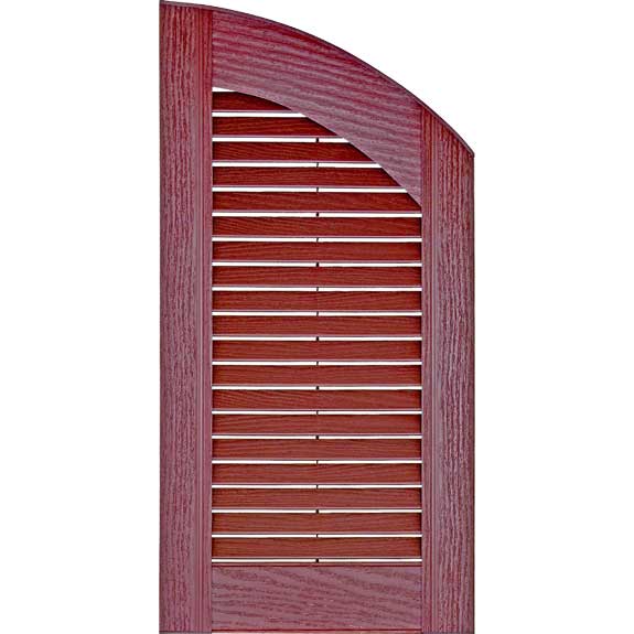 Red archtop vinyl exterior shutter with louvers.