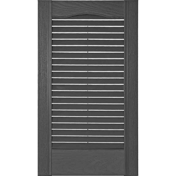 Vinyl louvered shutter with cathedral top and no divider rail.