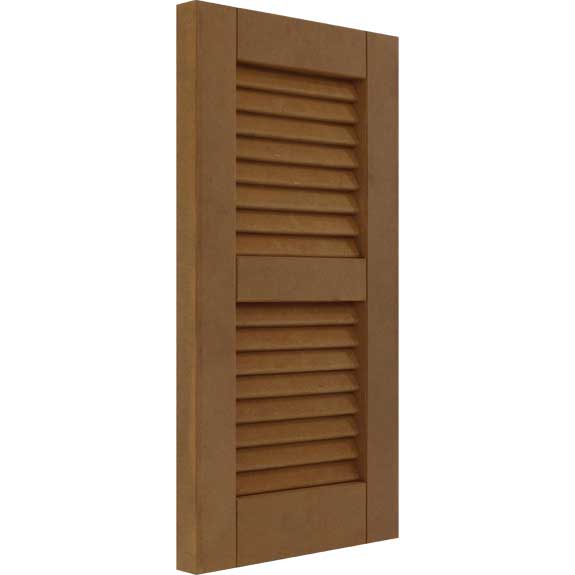 Exterior composite louvered shutters for house windows.