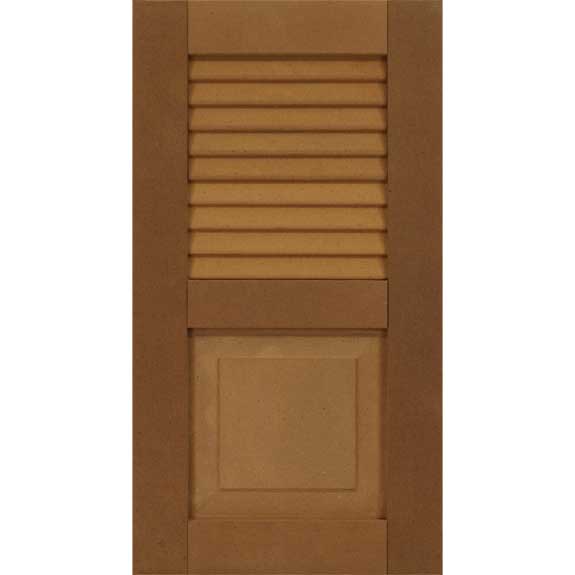 Composite exterior shutter with louvers and solid panel.