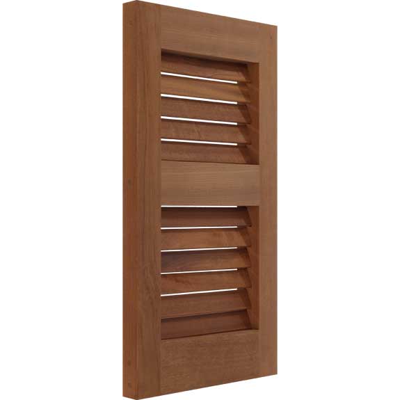 Mahogany exterior shutter with louvers side view.