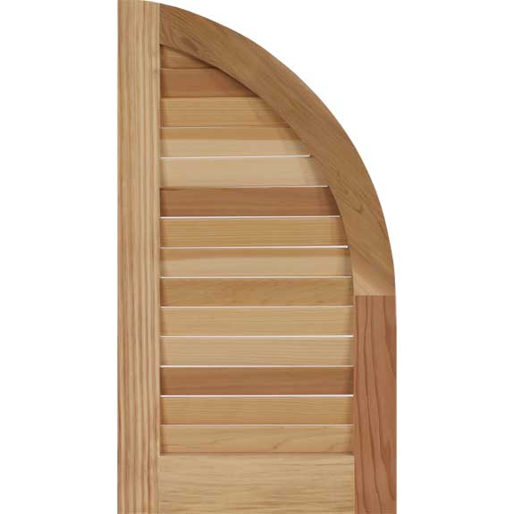Custom arch top wooden Redwood louvered exterior shutter.