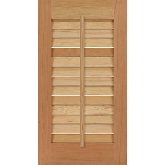 Tilt bar on fixed wood louvered shutters.