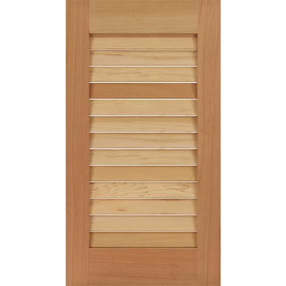 Louvered exterior California redwood wood shutter.