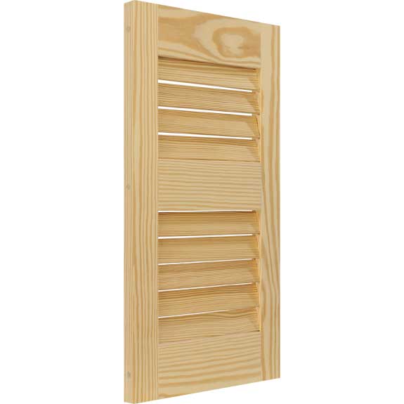 Economy wooden louvered Pine shutters shown at a tilt.