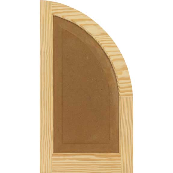 Unfinished Pine raised panel wooden arch top shutter panel.