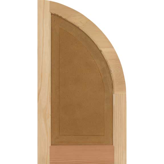 Exterior California redwood raised panel arch top shutter.