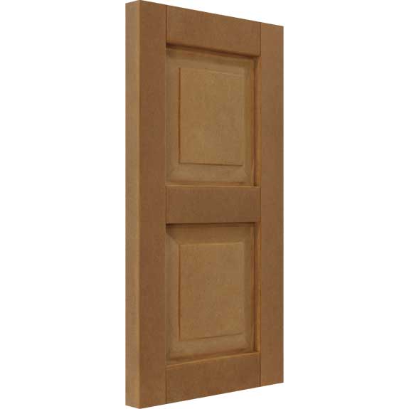 Outdoor composite raised panel exterior window shutter.