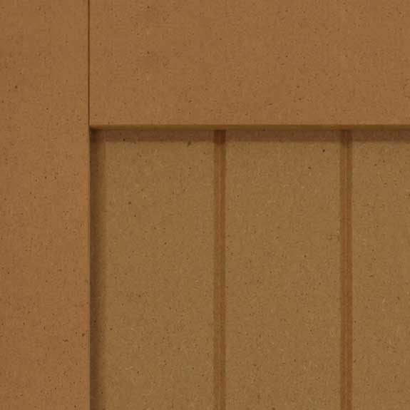 Exterior composite paneled shutter with vertical grooves.