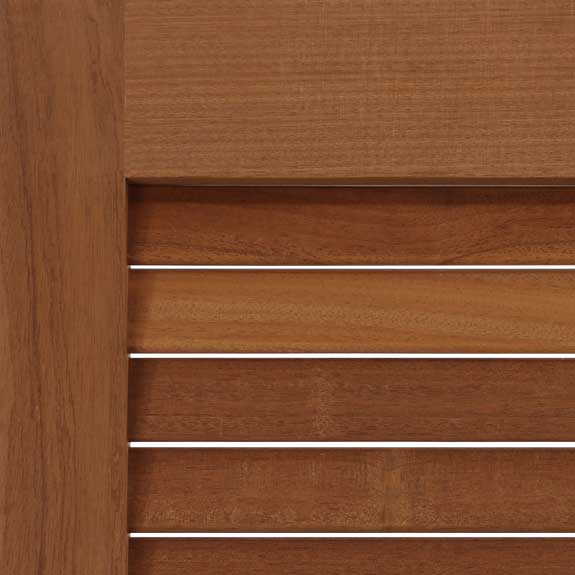 Louvered exterior Mahogany shutter zoom view.