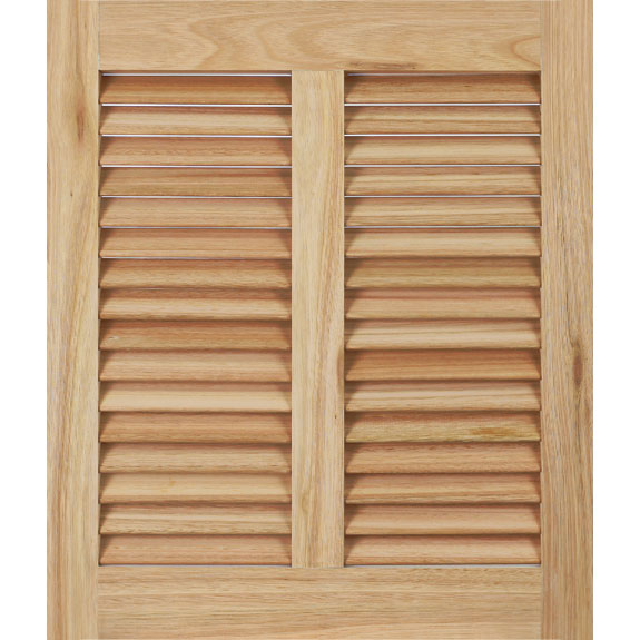 Red Grandis bahama shutter raw wood exterior panel with louvers.