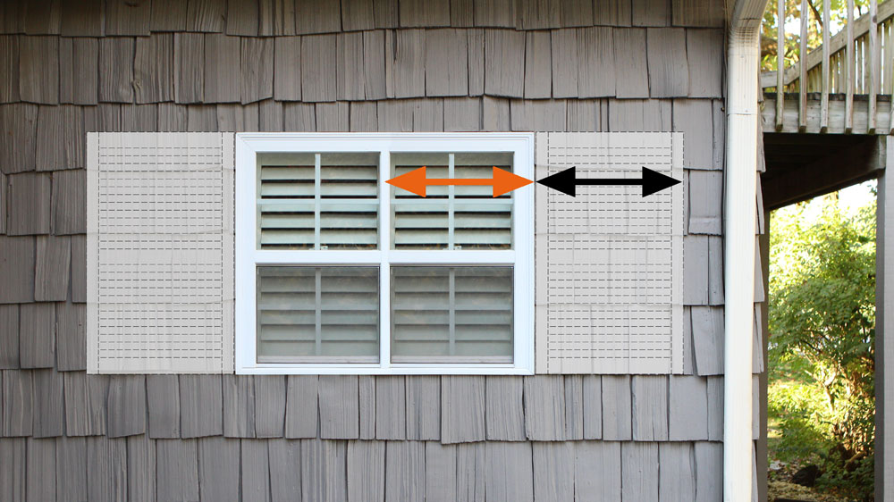 Exterior shutters that measure half of the window width.