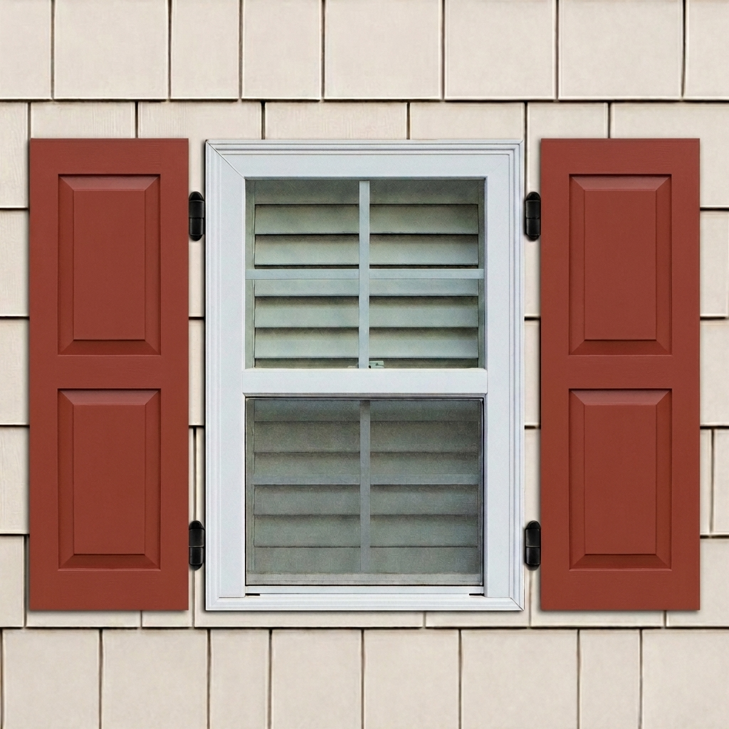 Red exterior PVC raised panel shutters installed with hinges on a window.