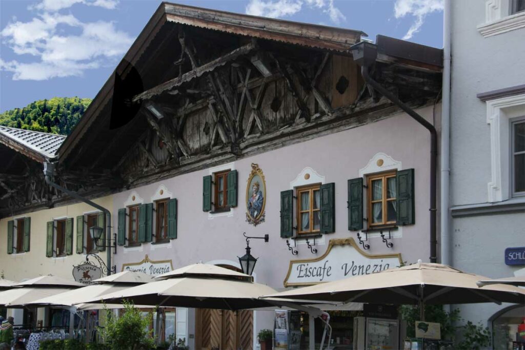 Rustic building in Germany  with functional exterior shutters. 