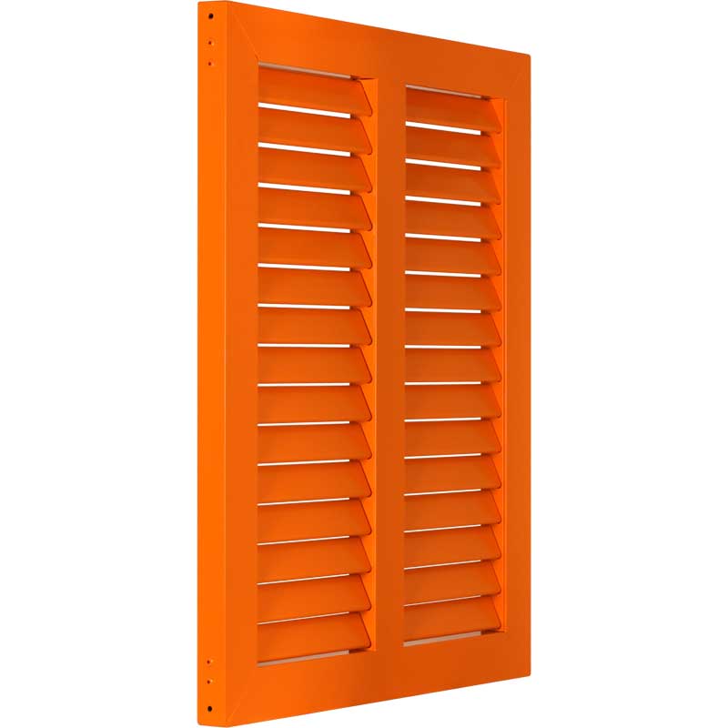 Orange aluminum exterior shutters with louvers.