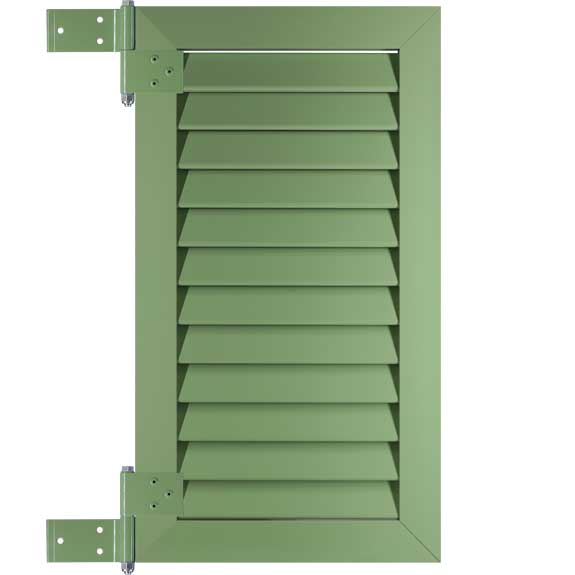 Colonial louvred decorative exterior window shutter with included hinges.