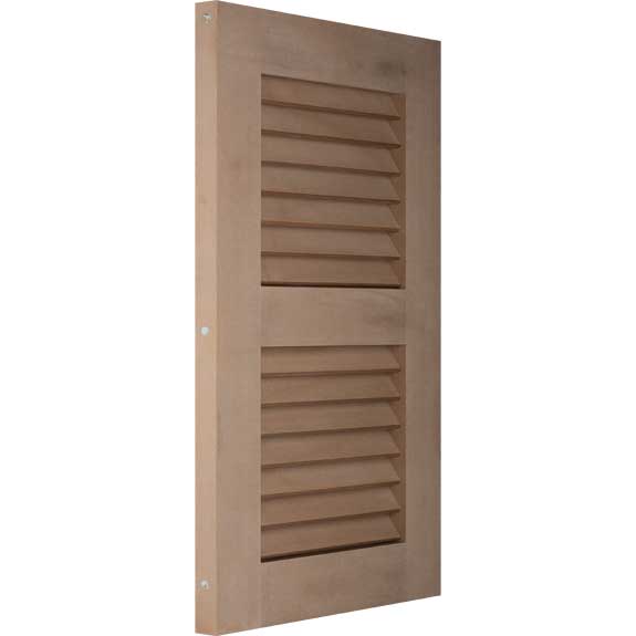 Louvered PVC exterior shutter displayed on a tilt.