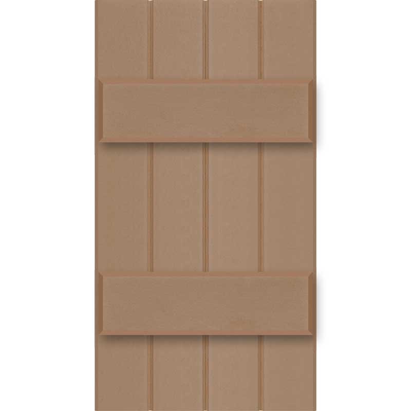 Front view of a exterior PVC board and batten shutter.