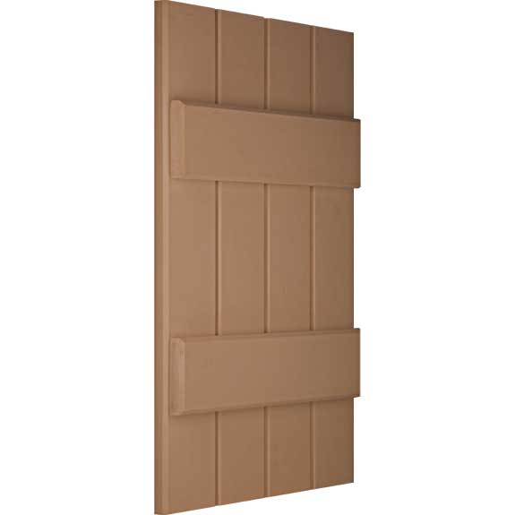 Tilt view of a board & batten exterior PVC shutter.