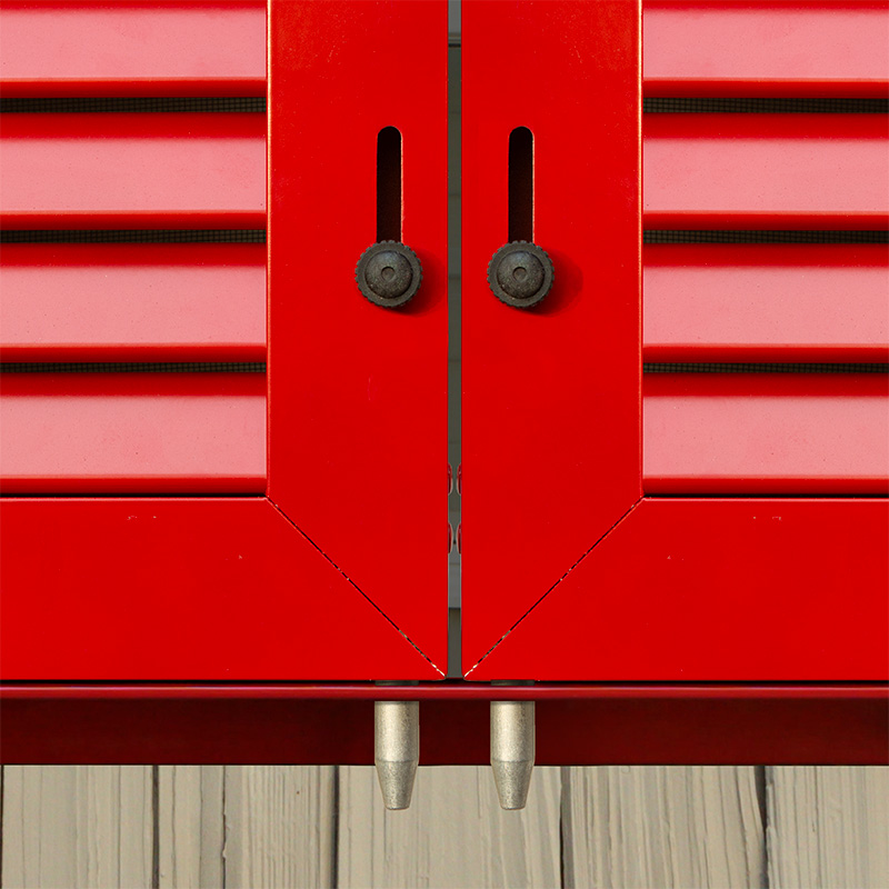 Aluminum colonial exterior shutter pin latch to lock shutters closed.