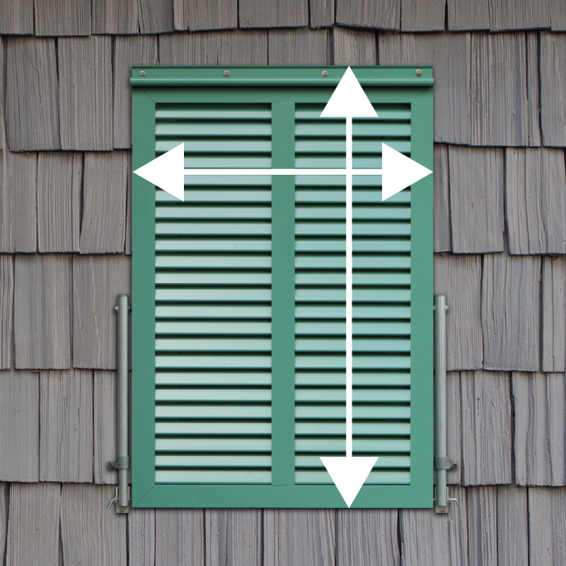Width and height measurement of aluminum bahama shutters with top hinge and support arms.
