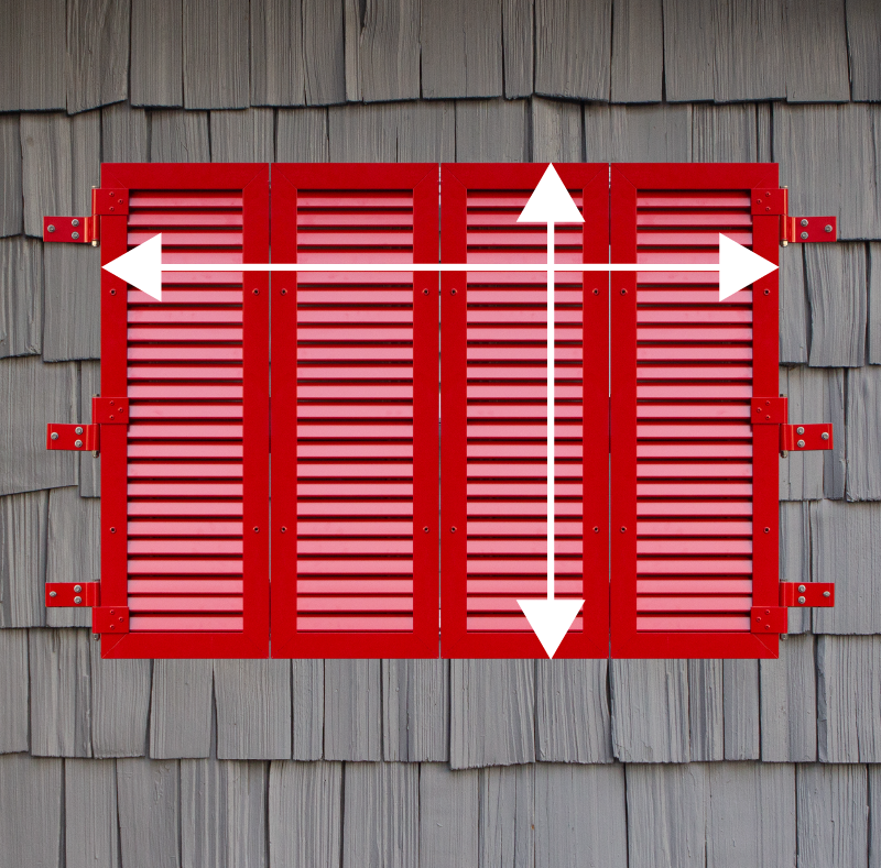 Width and height measurement of operable aluminum colonial exterior shutters on hinges.