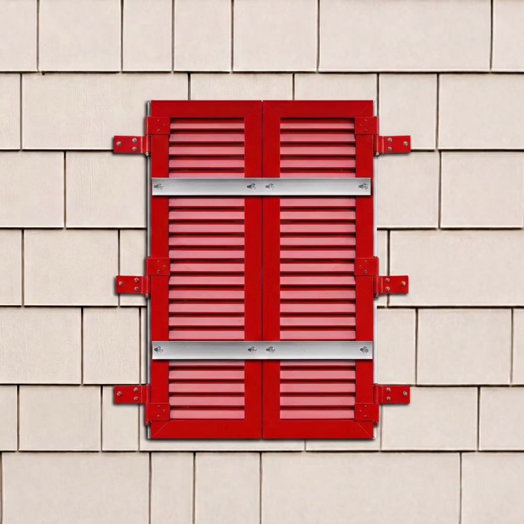 Installed red aluminum colonial exterior shutters locked for hurricane protection..