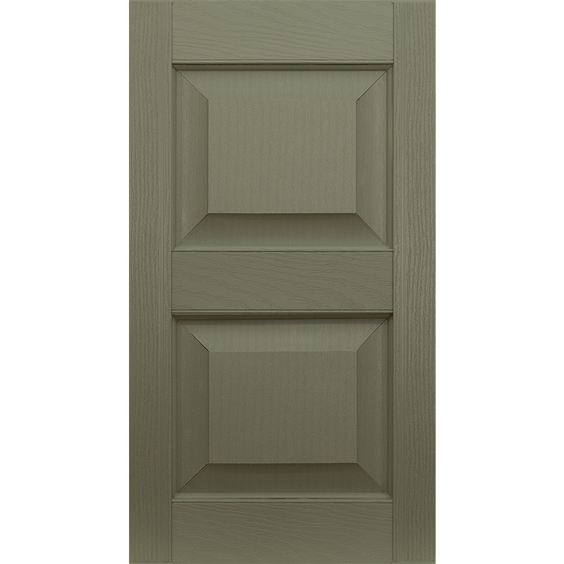Outdoor raised panel vinyl shutters in sage green.
