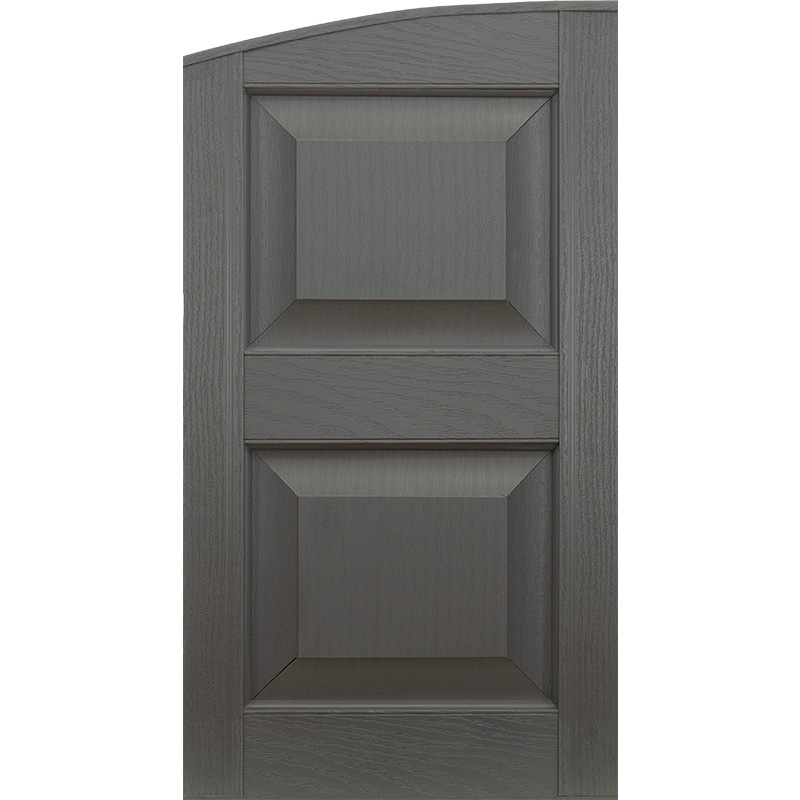 Exterior eyebrow raised panel shutter with raised panel with divider rail.