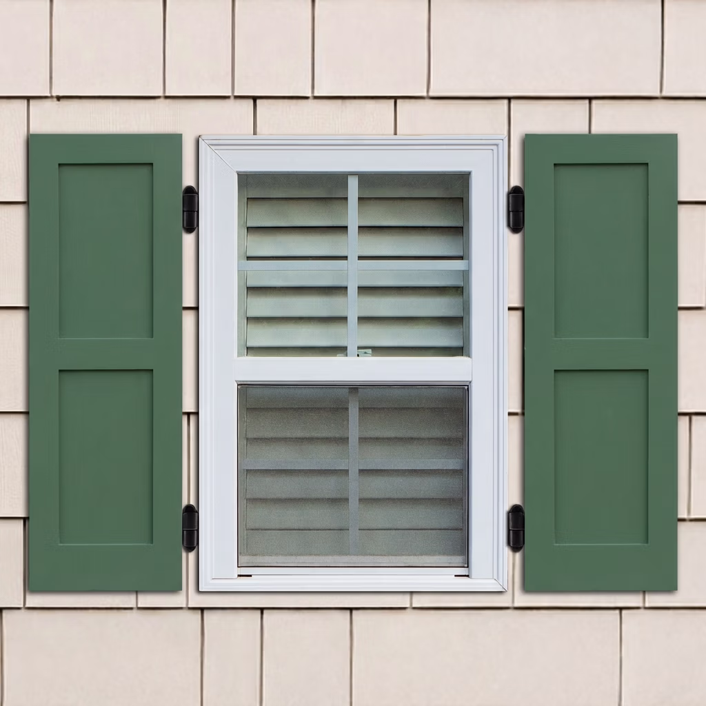 Wood flat panel shutters installed with hinges