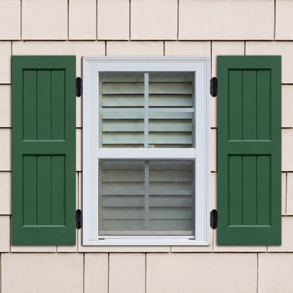 Wood shaker panel shutters installed with hinges