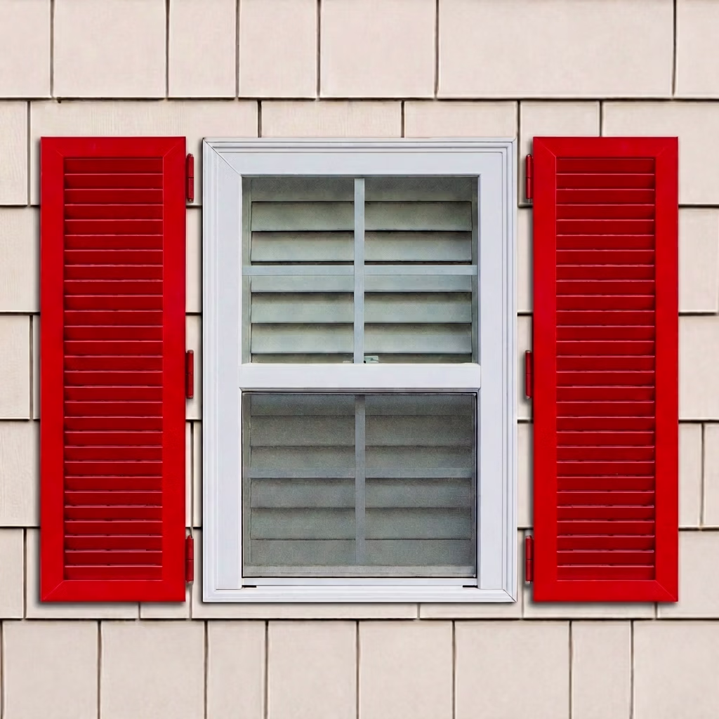 Installed red aluminum colonial hurricane exterior shutters.