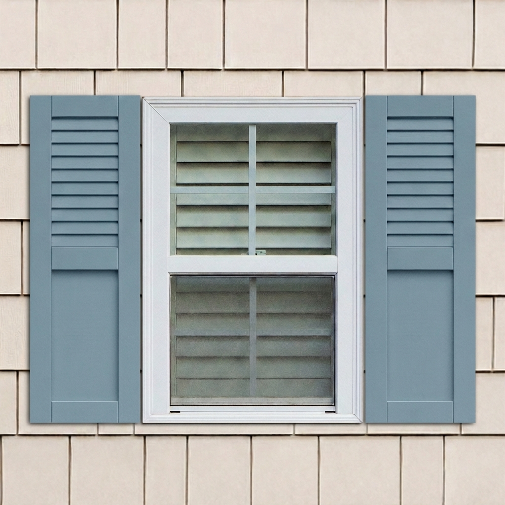 Composte exterior shutters with louvers and flat panels installed on an outdoor window.