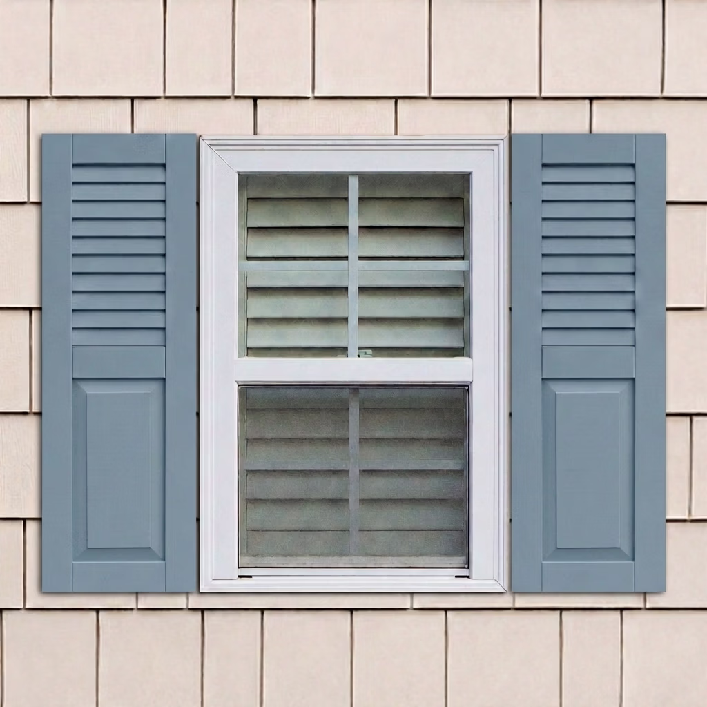 Composite combo exterior shutters with louvers and raised panels installed on a window.