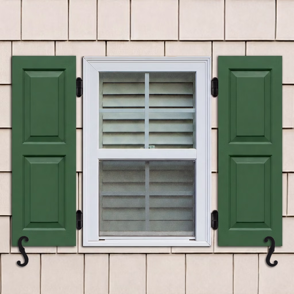 Wood raised panel shutters, installed with hinges