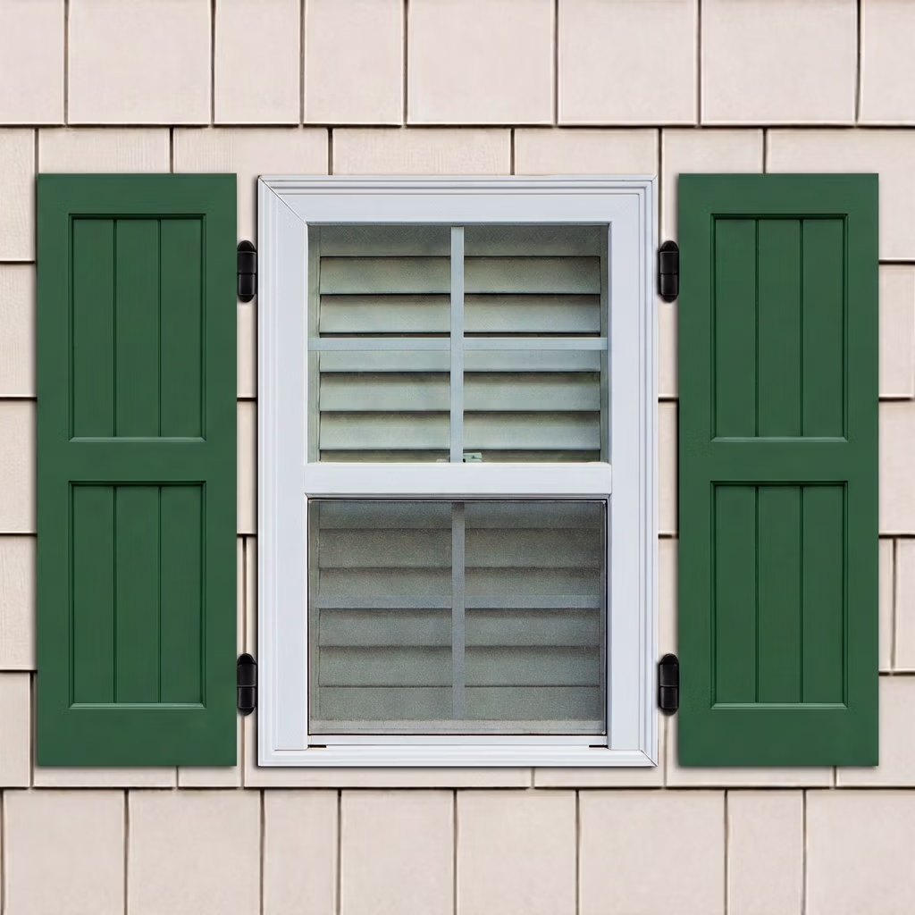 Wood flat panel shutters installed with hinges