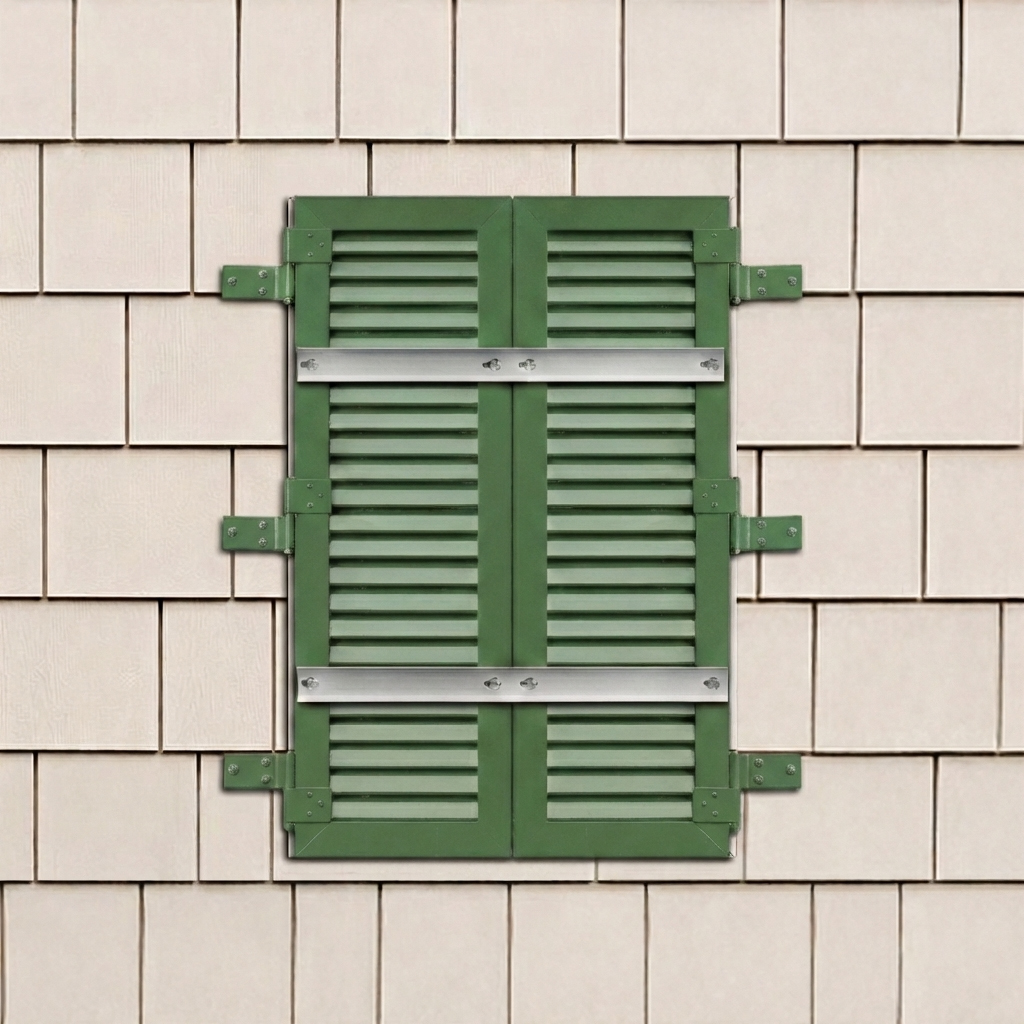 Aluminum colonial style louvered exterior shutters closed and secured with storm bars in preparation for a hurricane.