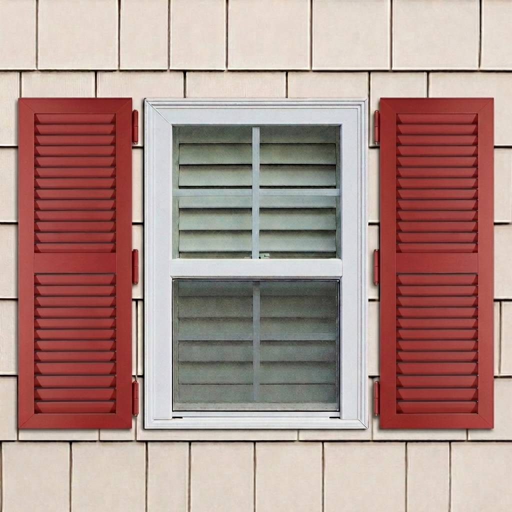 Installed red aluminum colonial hurricane exterior shutters.