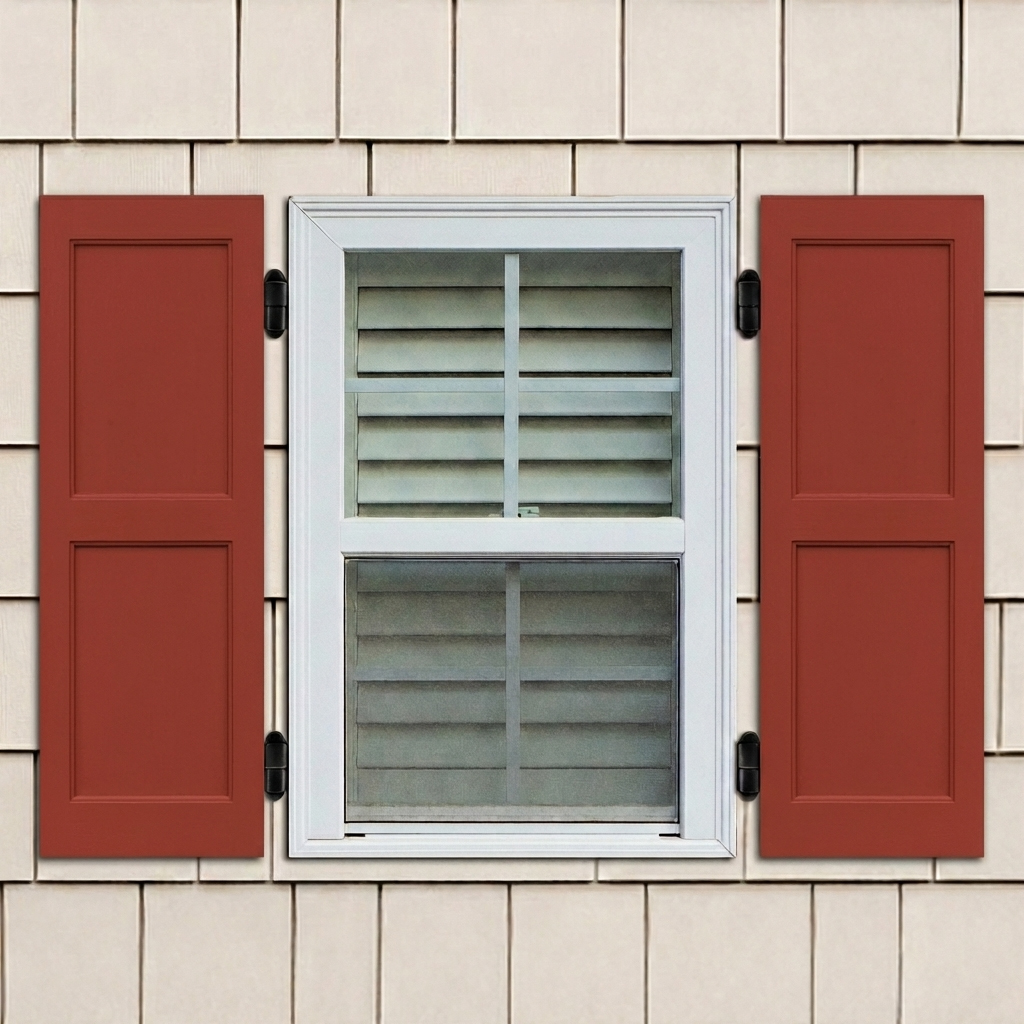 Red exterior economy pine wood flat panel shutters installed with functional hinges on a window.