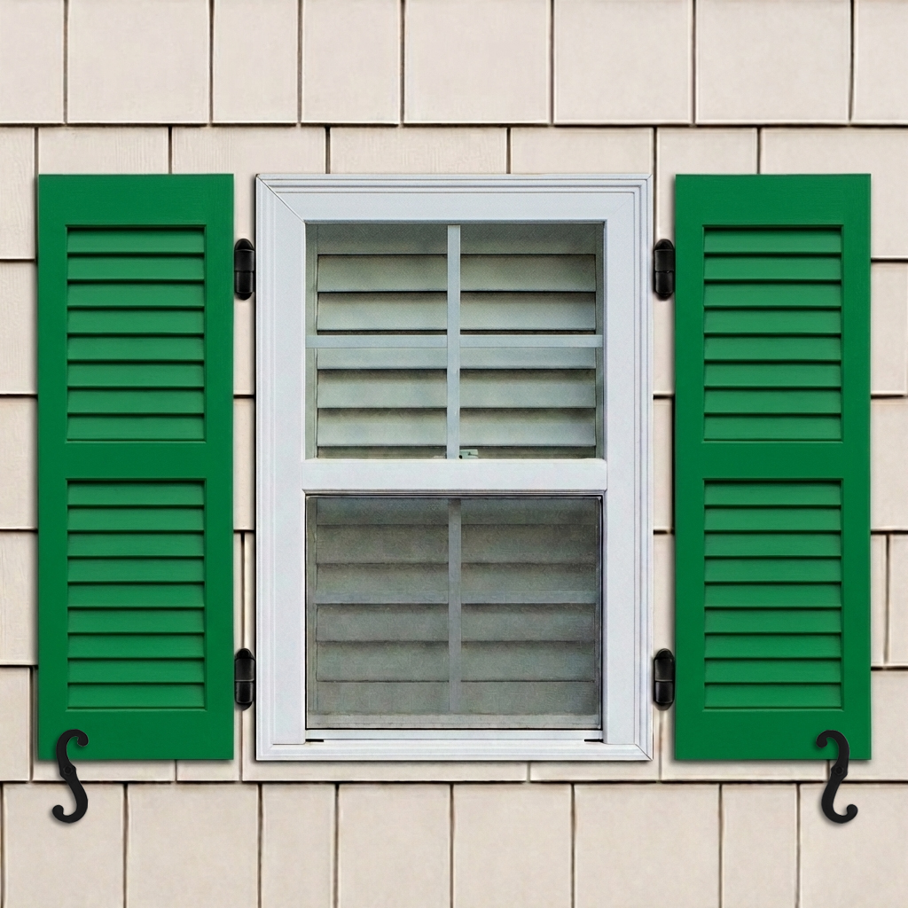 Green pine wood louver shutters installed on a window with functional hardware.