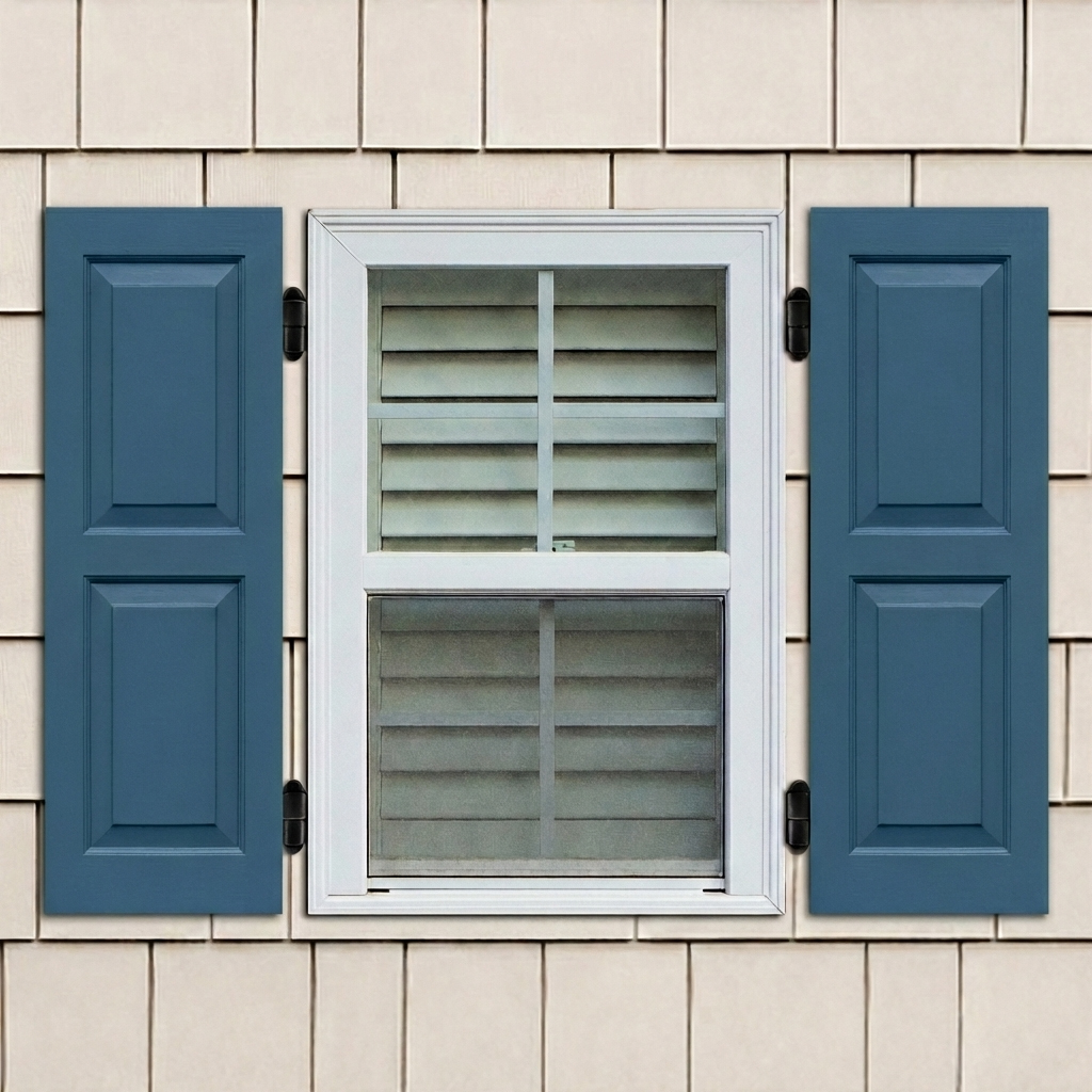 Blue exterior economy pine wood raised panel shutters installed with functional hinges on a window.